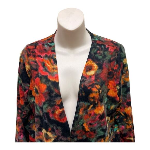Nina Leonard Dolce Knit Duster Cardigan Women PM Pockets Floral Print Orange - Picture 2 of 7